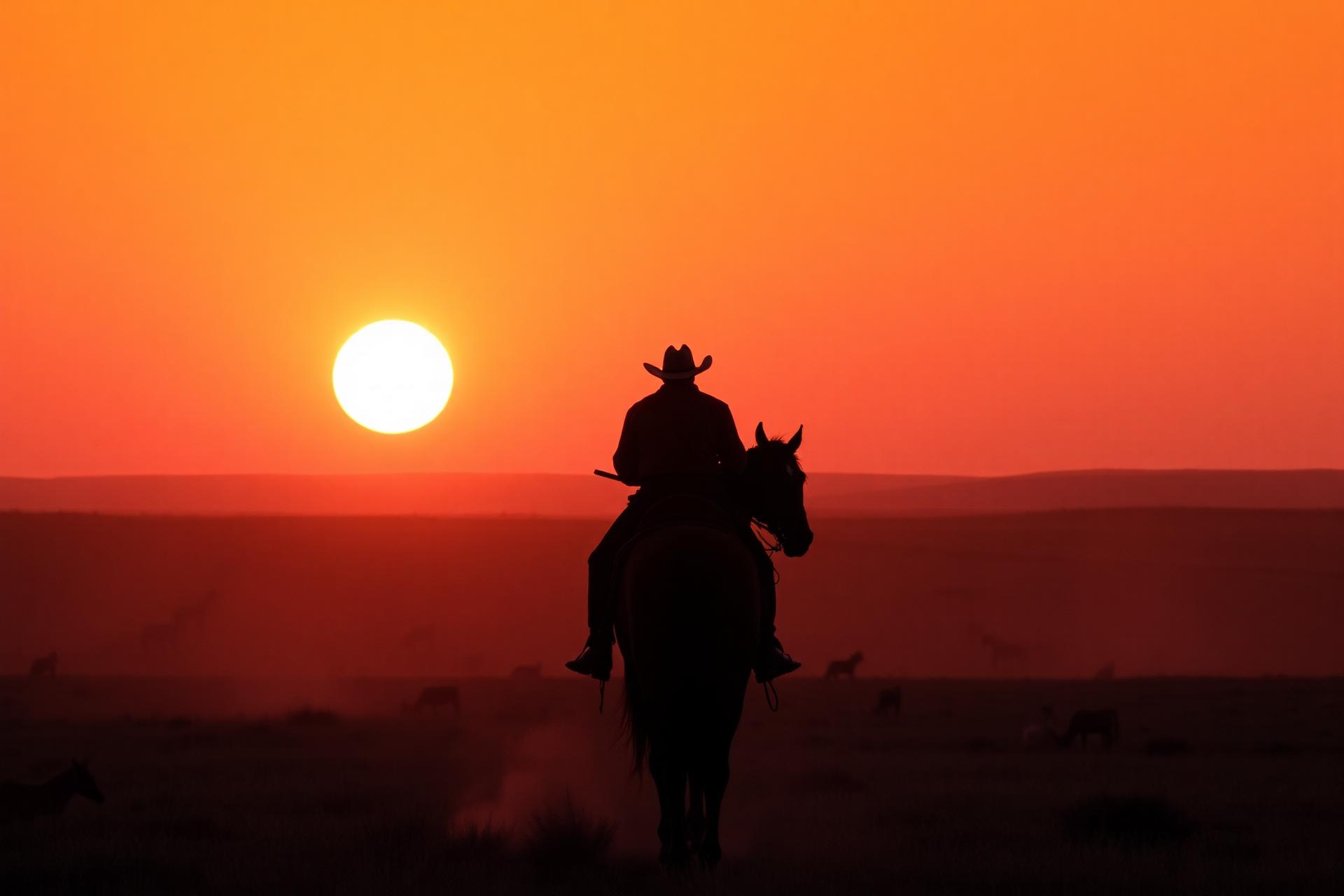 Cowboy on horseback at Wyoming sunset
